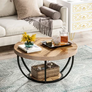 Industrial Round Coffee Table with Storage