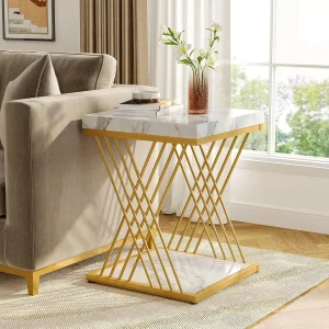 Square End Table White Gold